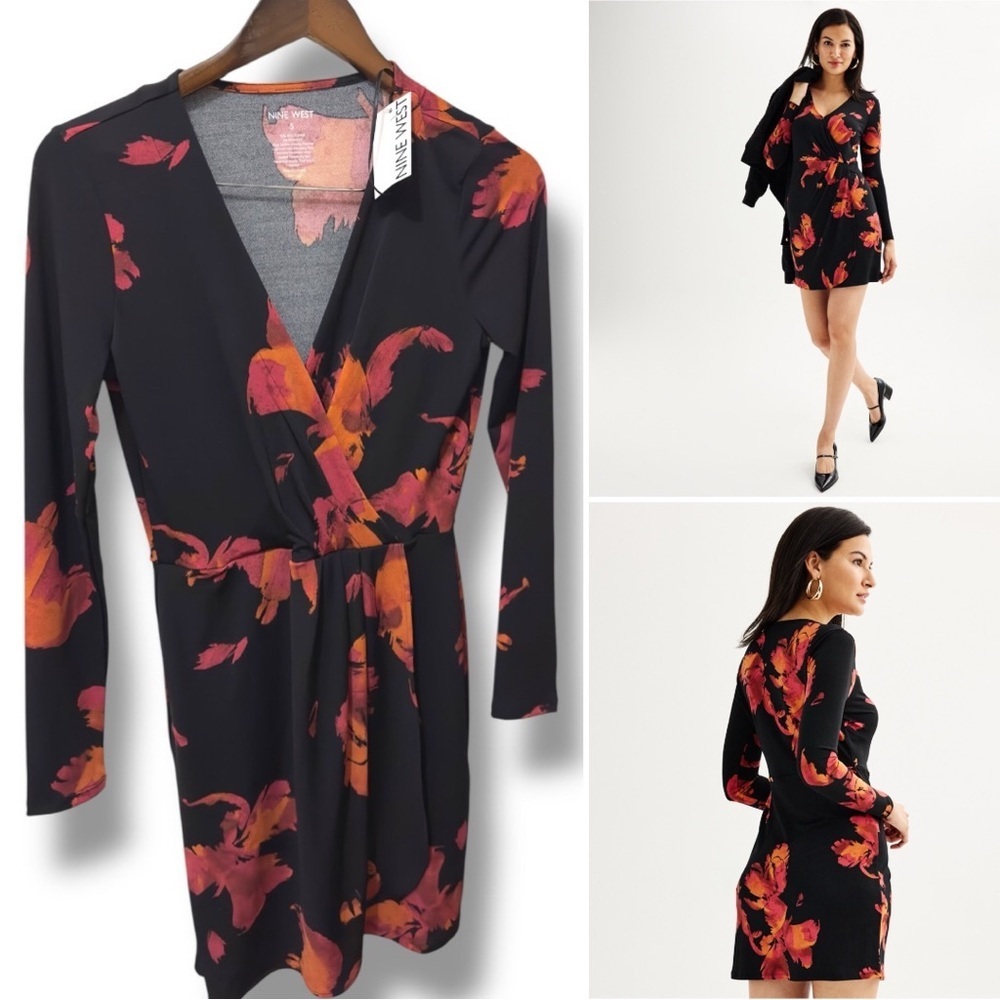 Nine West | NWT Black with Orange Pink Floral Print Long Sleeves Wrap Dress (S)